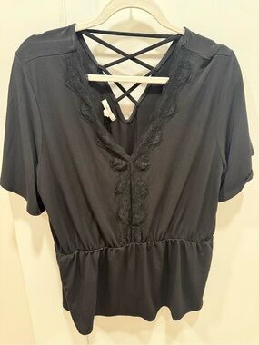Maurices Black Lace-Trim Crisscross Peplum Top